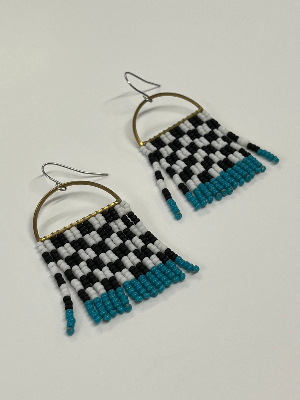 Handmade Beaded Checkerboard Teal Seed Bead Earrings