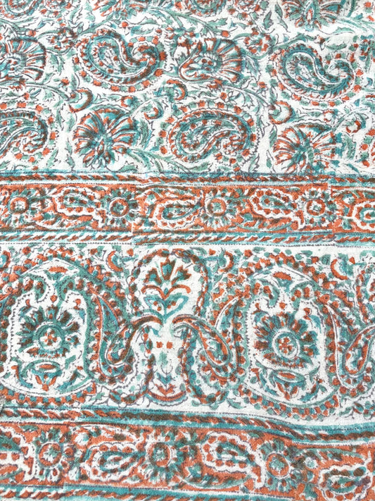 1970s Vintage Indian Cotton Hand Block Printed Uncut Fabric Yardage - Coral / Teal - 80" x 92" (#8)