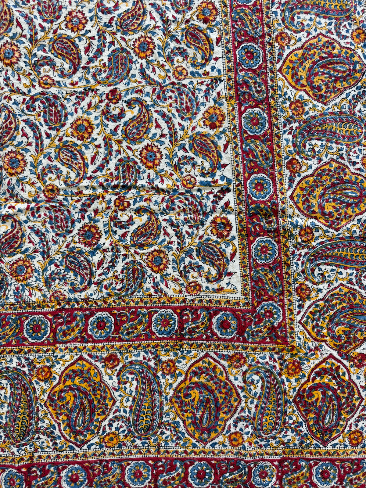 1970s Vintage Indian Cotton Hand Block Printed Uncut Fabric Yardage - Red / Yellow / Blue / Paisley - 98" x 64" (#5)