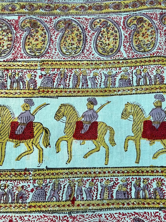 1970s Vintage Indian Cotton Hand Block Printed Uncut Fabric Yardage - Teal / Burgundy / Paisley / People / Horses Motifs -96" x 80" (#13)