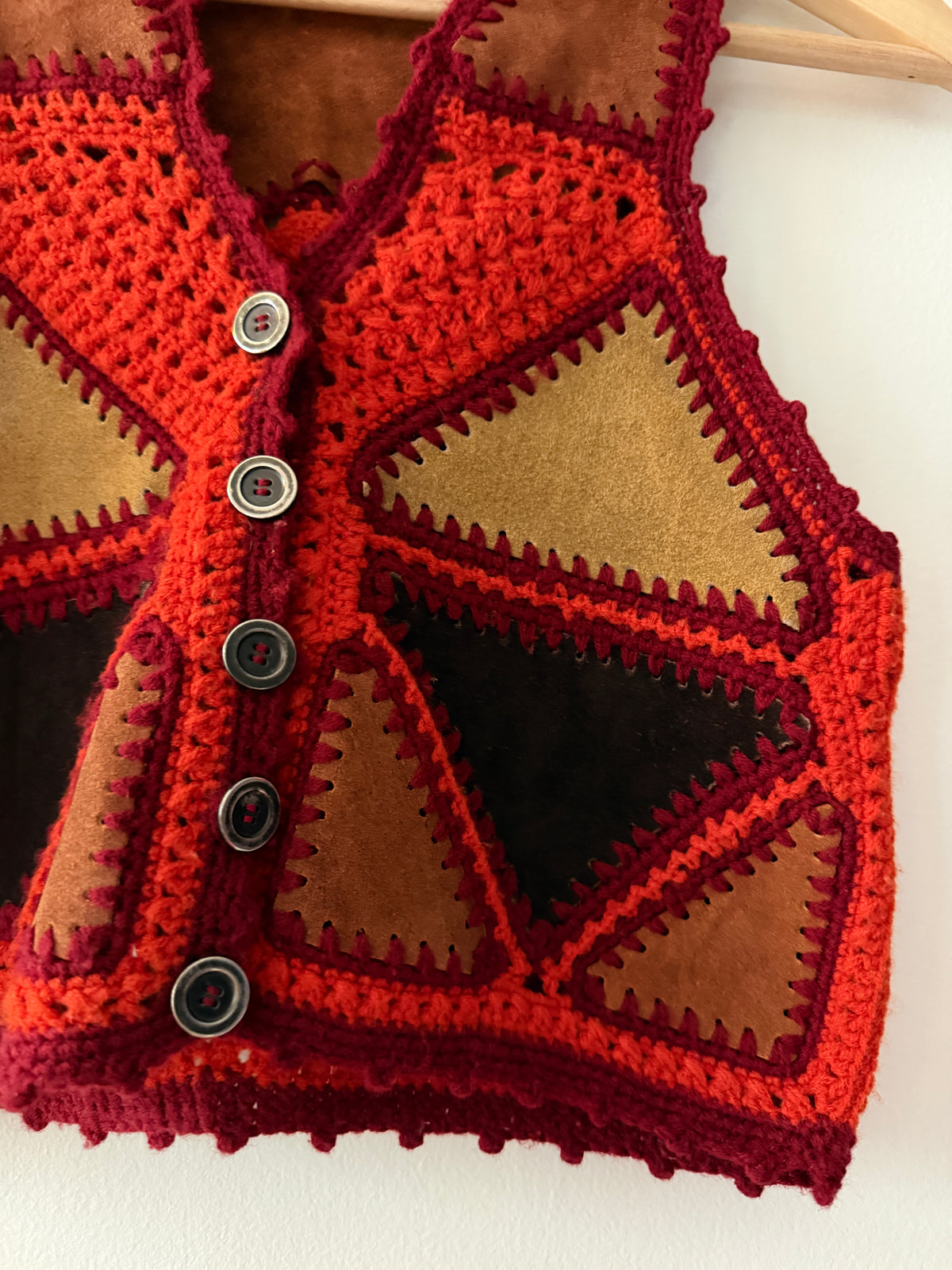 1970s Vintage Red and Orange Knitted Suede  Patchwork Vest