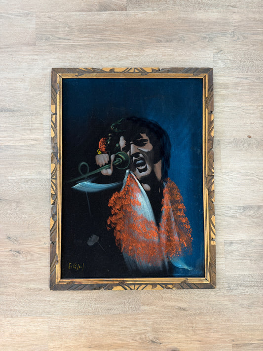 1970s Vintage Elvis in Hawaii The King Black Velvet Painting Handmade Signed Wall Art - 28" x 38"