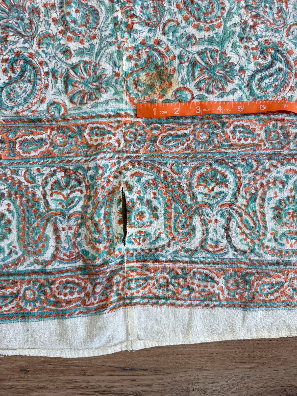 1970s Vintage Indian Cotton Hand Block Printed Uncut Fabric Yardage - Coral / Teal - 80" x 92" (#8)