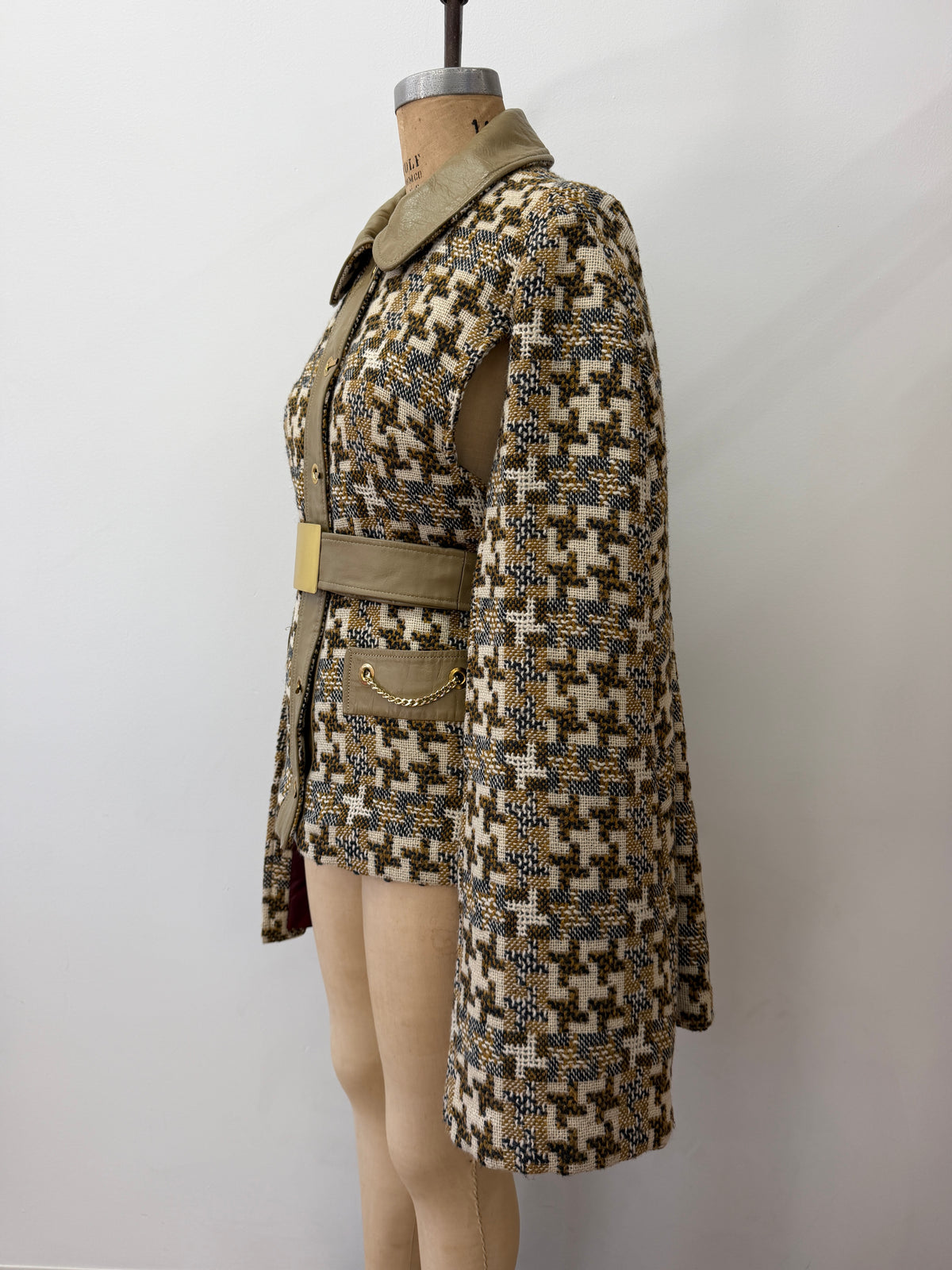 1960s Vintage Mod Wool Chain Belted Capelette Coat with Cape Over