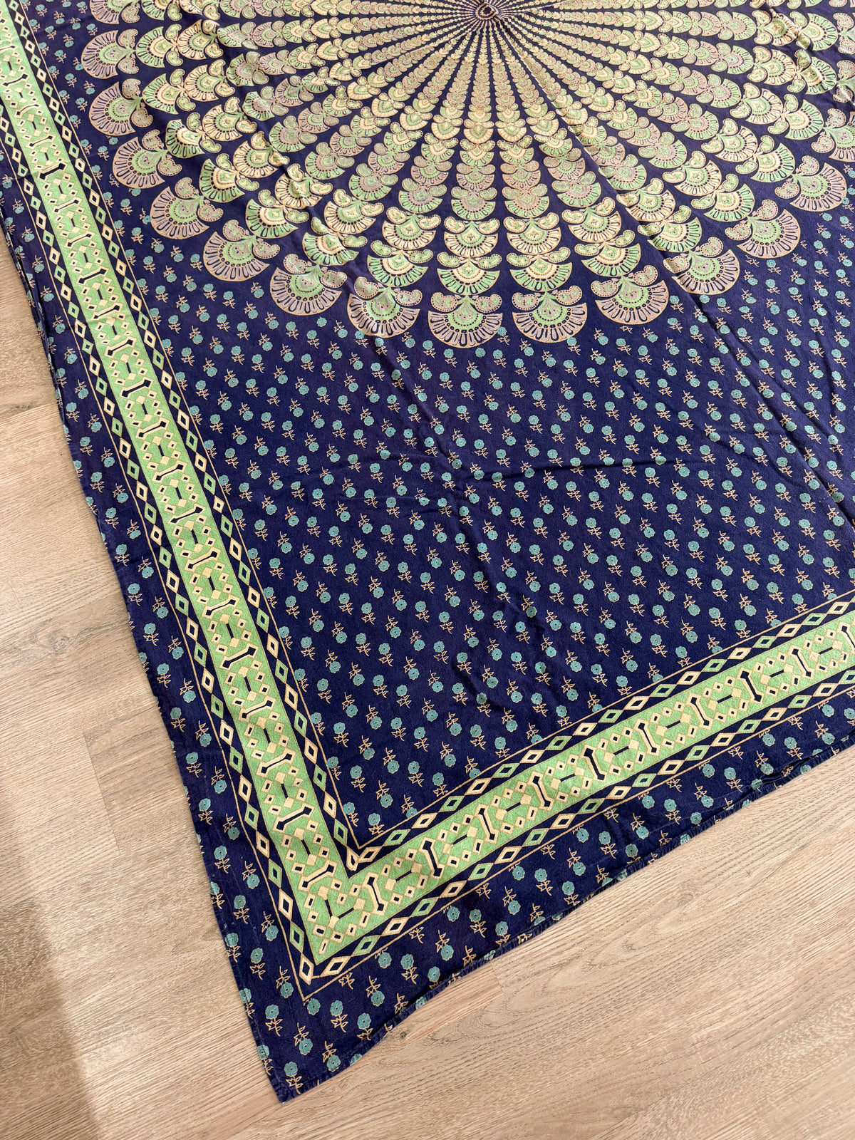 1980s Vintage Indian Cotton Hand Block Printed Uncut Fabric Yardage - Micro Floral / Mandala / Blue - 102" x 68" (#14)