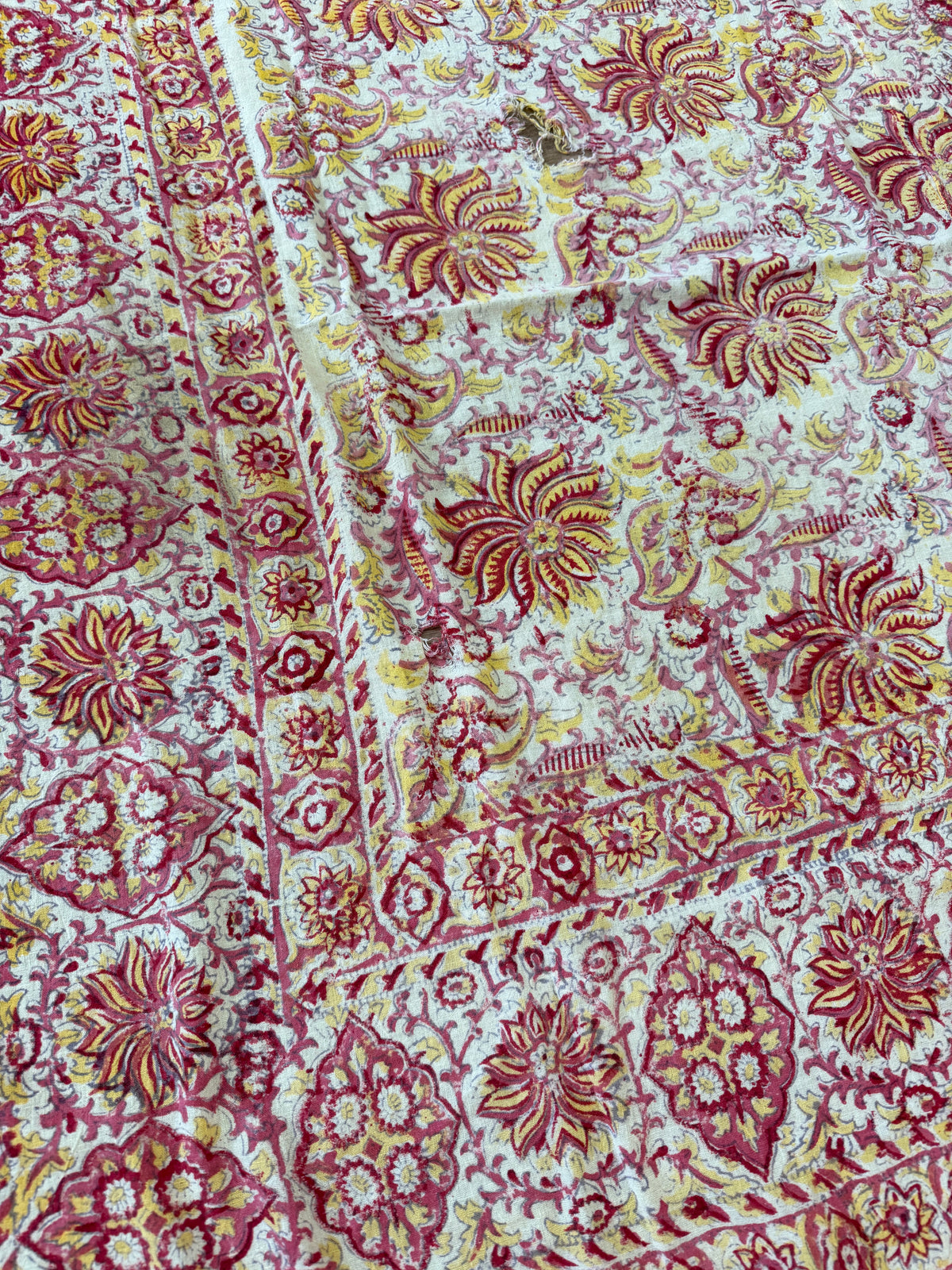 1970s Vintage Indian Cotton Hand Block Printed Uncut Fabric Yardage - Red / Pink / Yellow Lotus Flower - 64" x 100" (#2)
