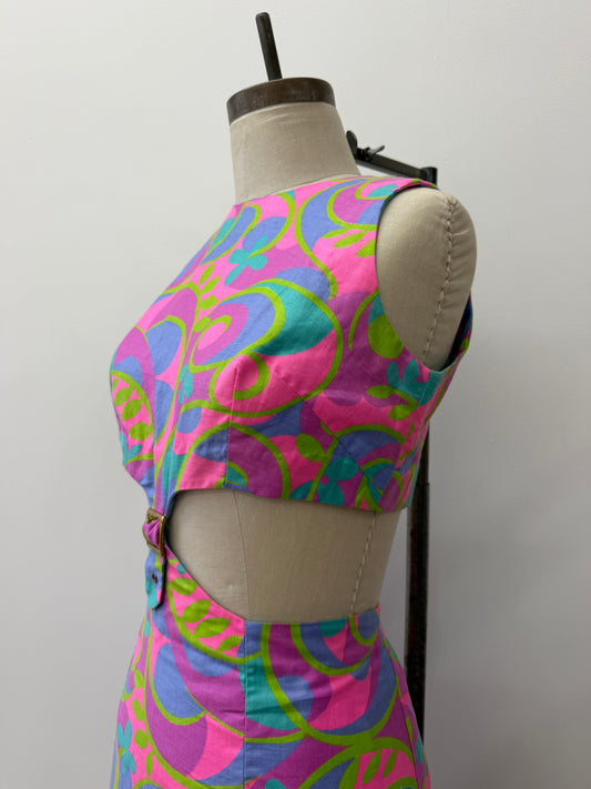 1960s Vintage Neon Paisley Swirls Mod Cutout Go-Go Dress by Elizabeth Jean - Jamaica Fashion Guild Label