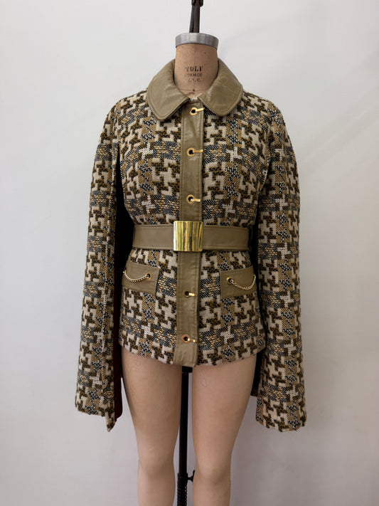 1960s Vintage Mod Vinyl Wool Chain Belted Capelette Coat with Cape Over