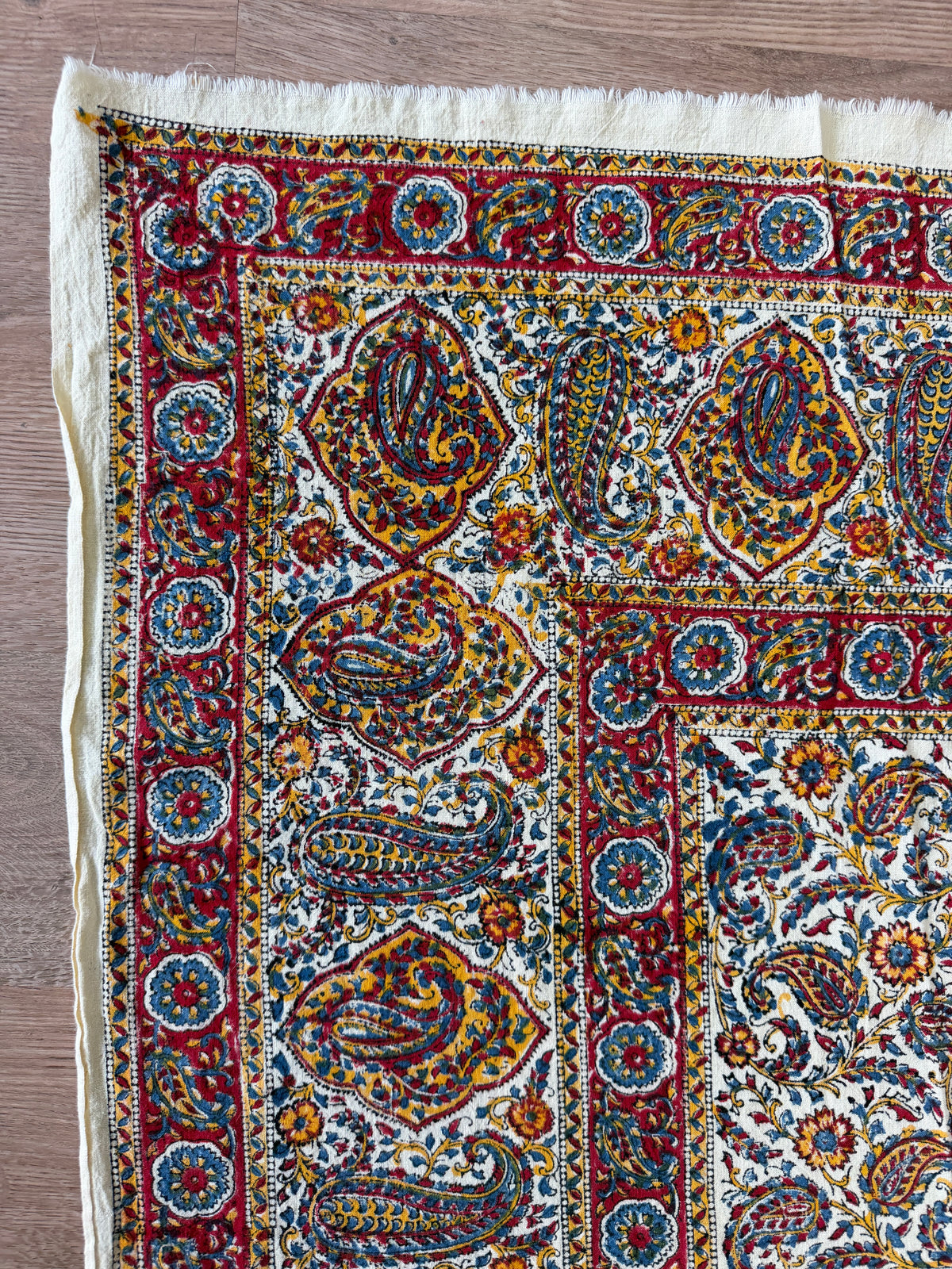 1970s Vintage Indian Cotton Hand Block Printed Uncut Fabric Yardage - Red / Yellow / Blue / Paisley - 98" x 64" (#5)