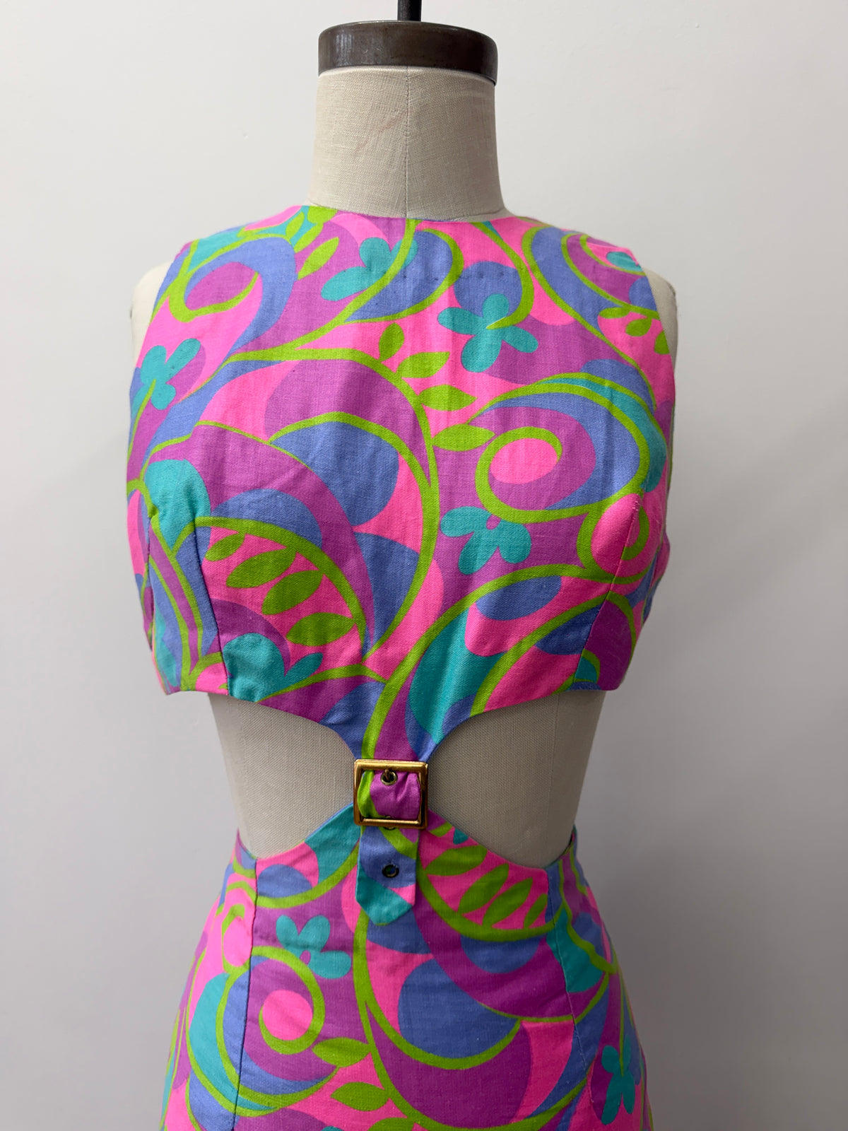 1960s Vintage Neon Paisley Swirls Mod Cutout Go-Go Dress by Elizabeth Jean - Jamaica Fashion Guild Label