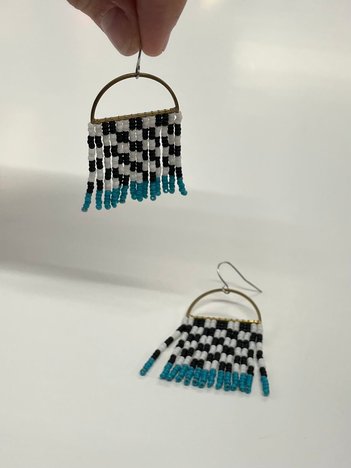 Handmade Beaded Checkerboard Teal Seed Bead Earrings