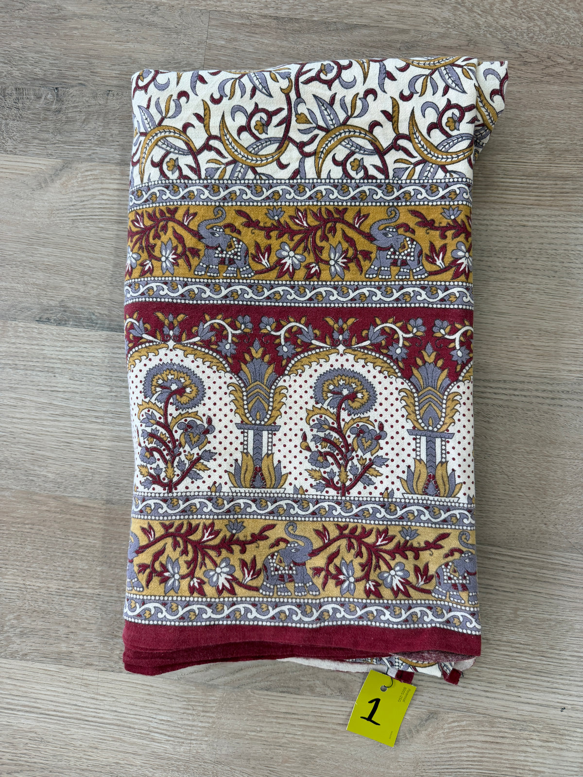 1970s Vintage Indian Cotton Hand Block Printed Uncut Fabric Yardage - Mustard / Gray / Elephants - 156" x 92" (#1)