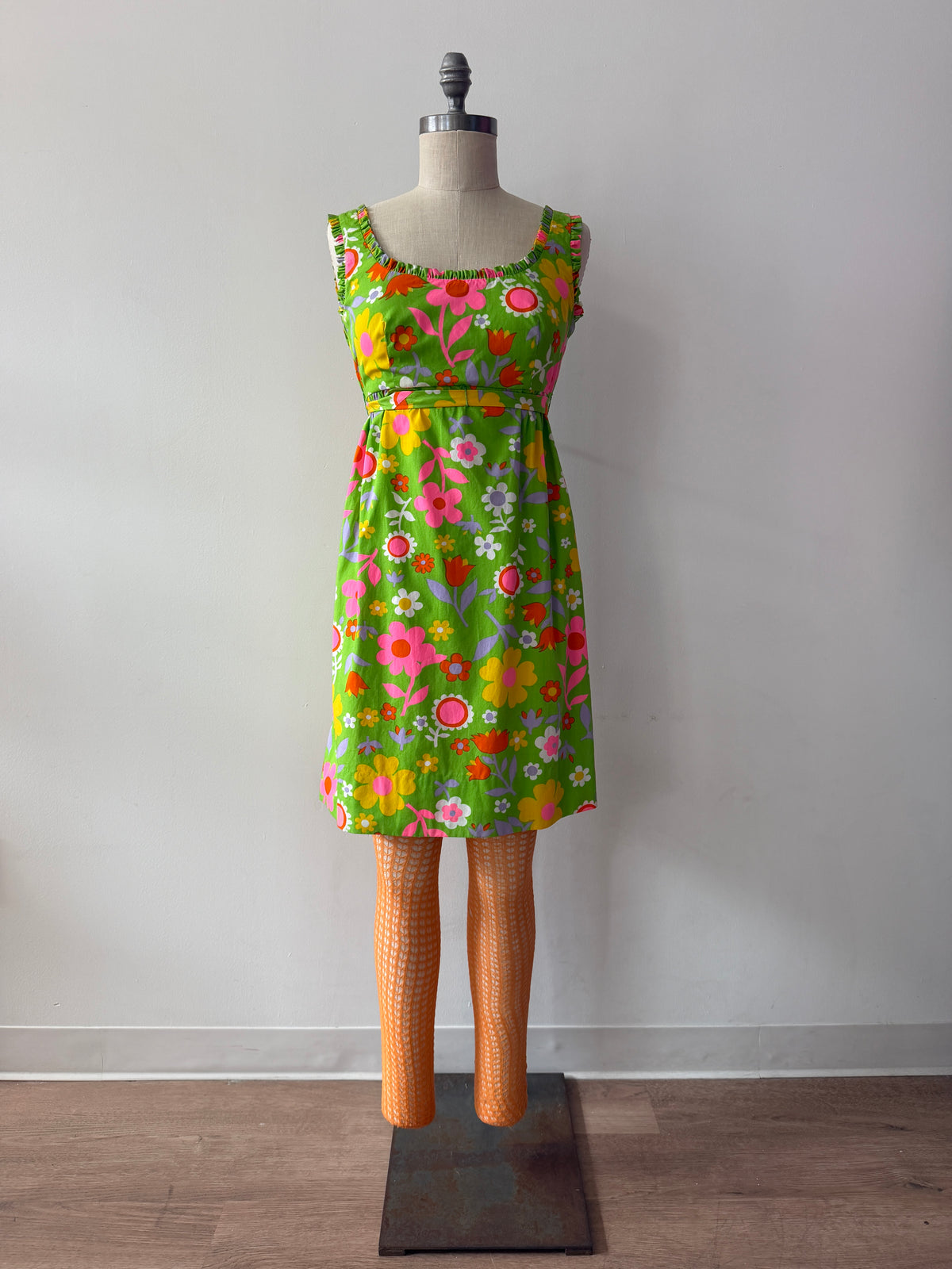 1960s Vintage Neon Flower Power Cotton Mini Dress by Lanz