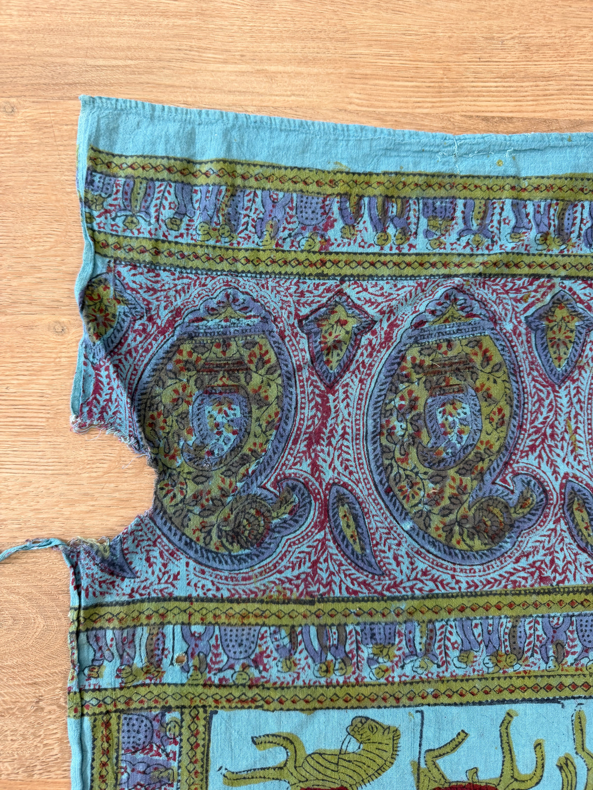 1970s Vintage Indian Cotton Hand Block Printed Uncut Fabric Yardage - Teal / Burgundy / Paisley / People / Horses Motifs -96" x 80" (#13)