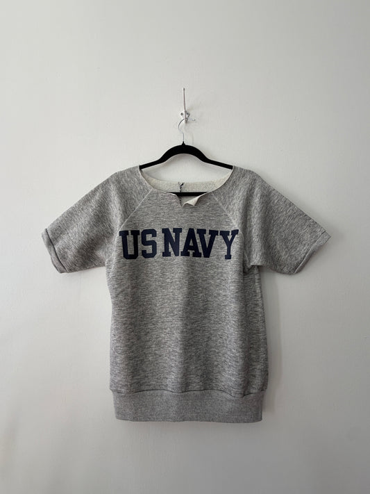 1970s Vintage Heathered Grey U.S. Navy Cut-off Raglan Short Sleeved Crewneck Sweatshirt