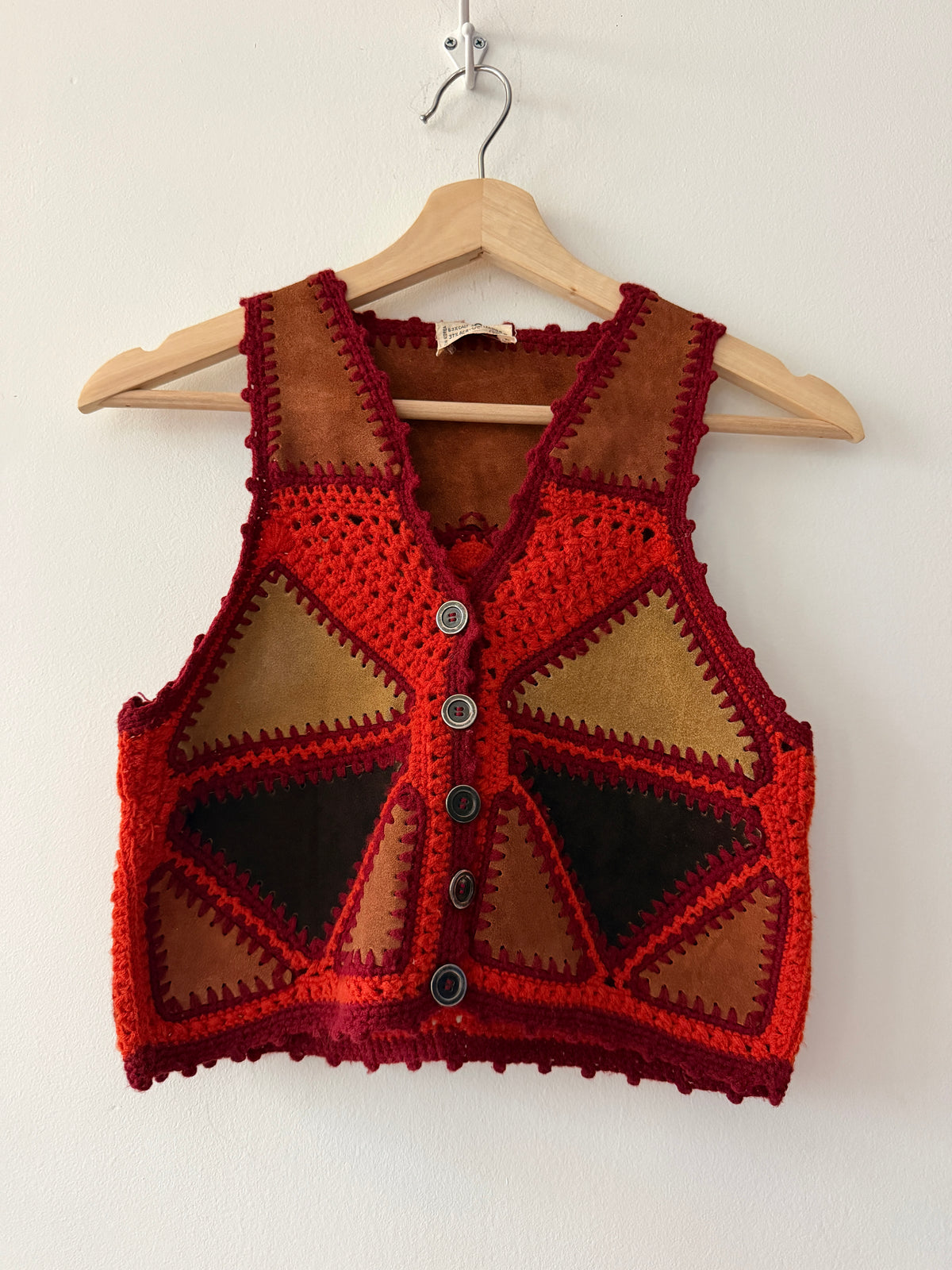 1970s Vintage Red and Orange Knitted Suede  Patchwork Vest