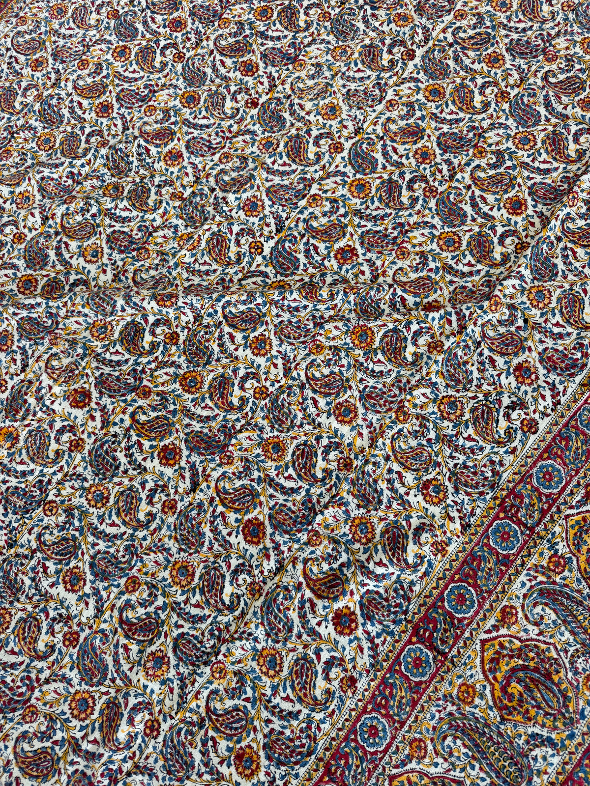 1970s Vintage Indian Cotton Hand Block Printed Uncut Fabric Yardage - Red / Yellow / Blue / Paisley - 98" x 64" (#5)