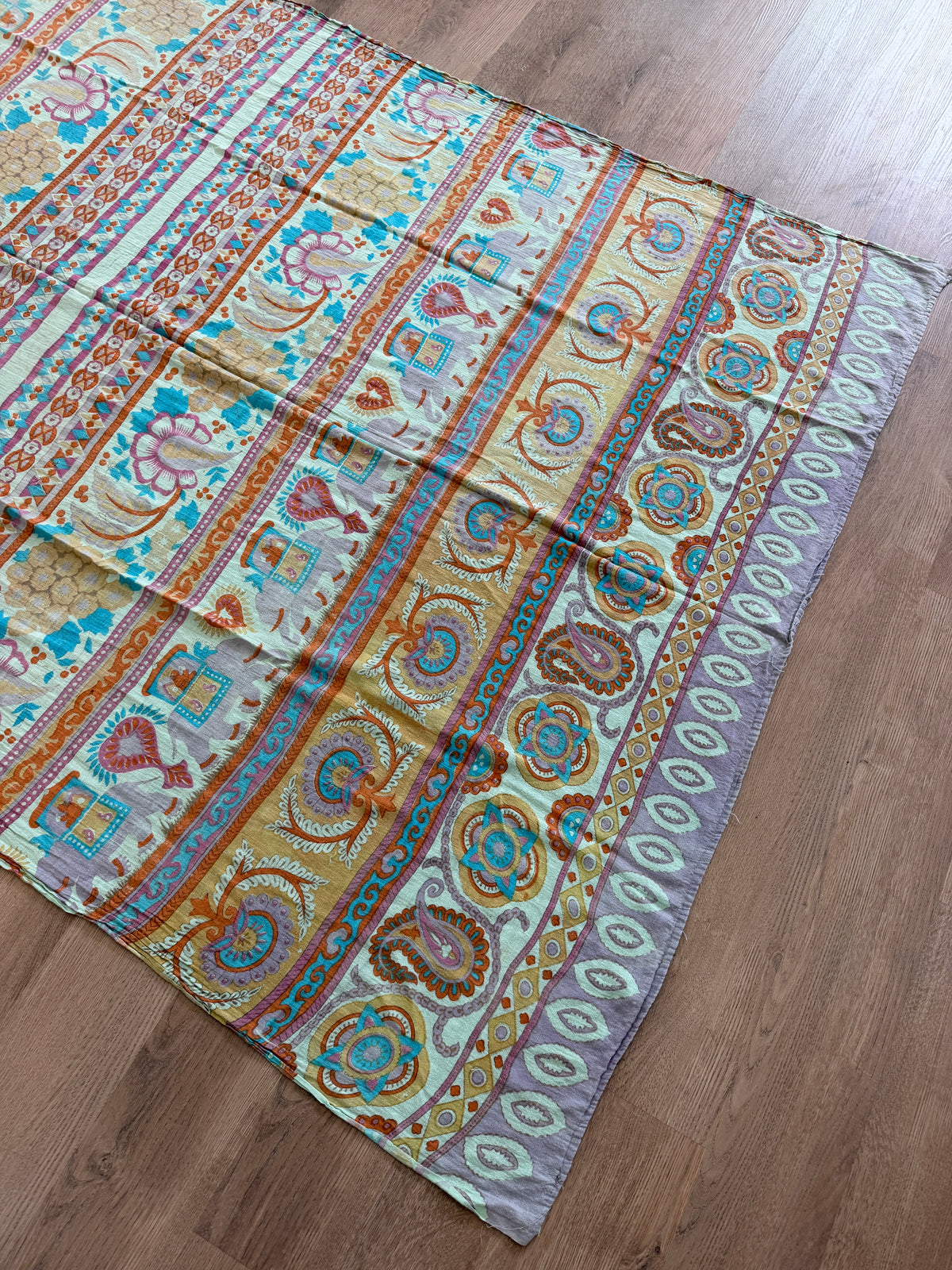 1970s Vintage Hand Block Printed Indian Cotton Fabric - Purple / Blue / Turquoise / Orange  - 62" x 92" (#7)