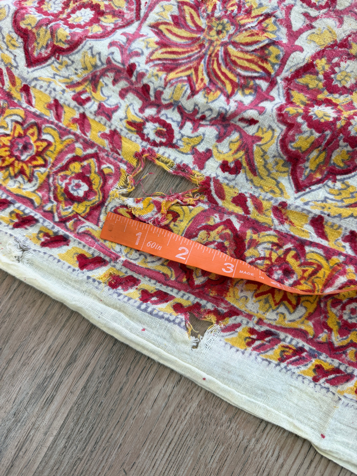 1970s Vintage Indian Cotton Hand Block Printed Uncut Fabric Yardage - Red / Pink / Yellow Lotus Flower - 64" x 100" (#2)
