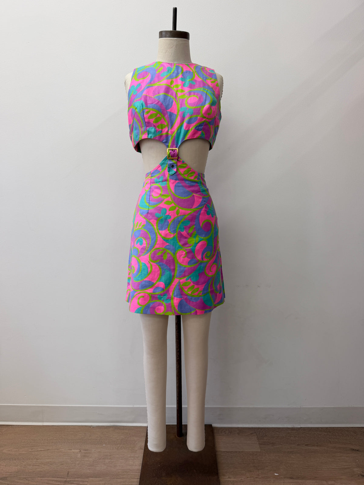 1960s Vintage Neon Paisley Swirls Mod Cutout Go-Go Dress by Elizabeth Jean - Jamaica Fashion Guild Label