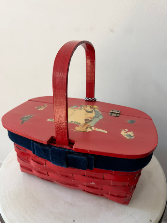 1950s - 1960s Vintage Red Picnic Basket Purse with Norman Rockwell Decoupage Design