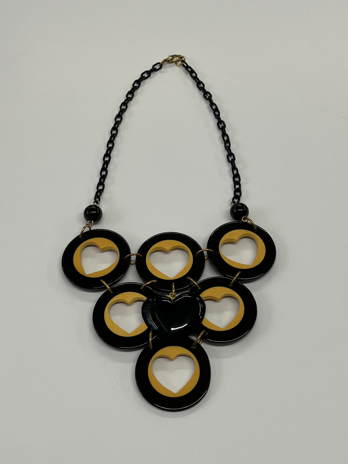 Bakelite & Celluloid Heart Cutout Statement Bib Necklace by Artisan Signed G. Balman