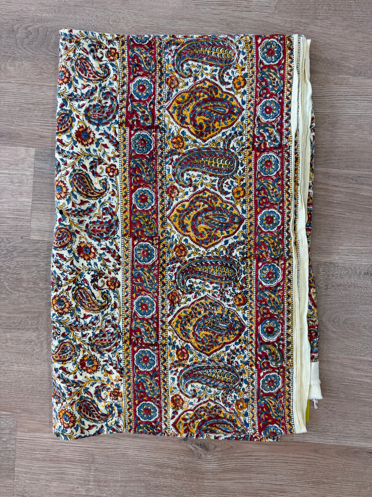 1970s Vintage Indian Cotton Hand Block Printed Uncut Fabric Yardage - Red / Yellow / Blue / Paisley - 98" x 64" (#5)