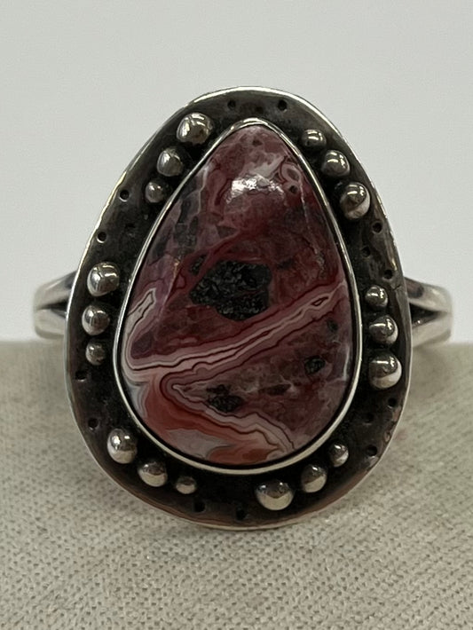 1980s Vintage Sterling and Agate Southwest Ring - Size 13