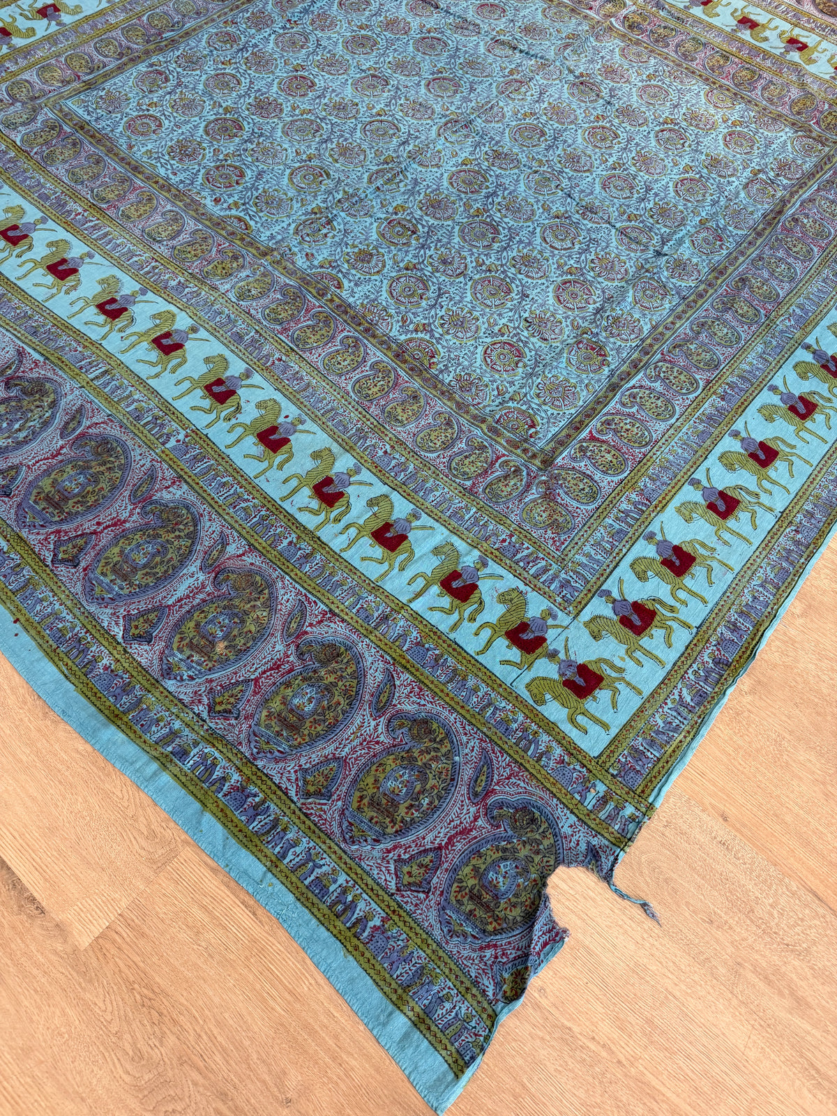 1970s Vintage Indian Cotton Hand Block Printed Uncut Fabric Yardage - Teal / Burgundy / Paisley / People / Horses Motifs -96" x 80" (#13)