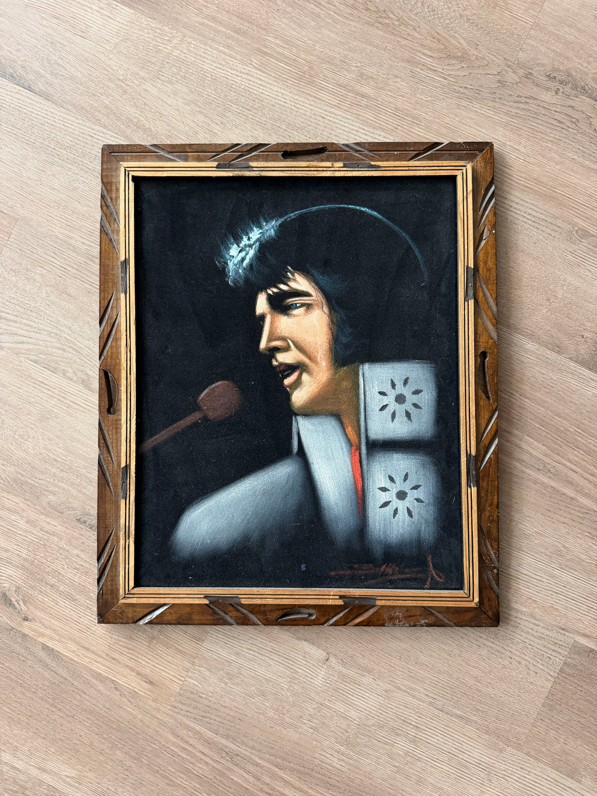 1970s Vintage Elvis The King White Suit Microphone Black Velvet Painting Handmade Signed Wall Art - 19" x 23"