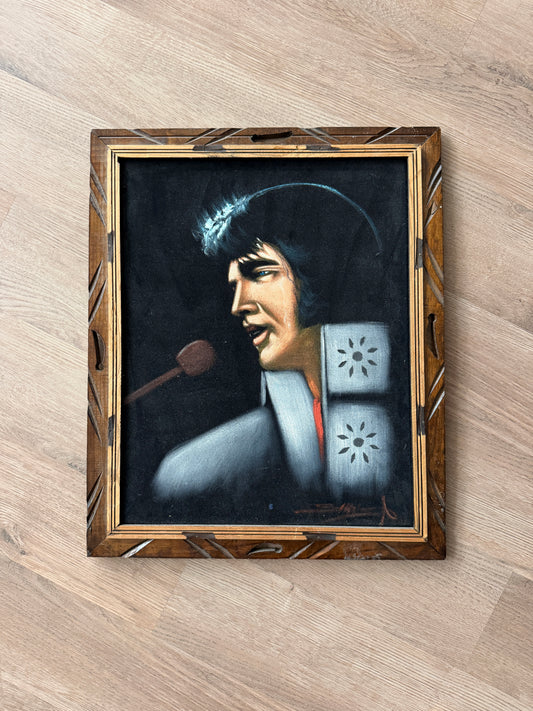 1970s Vintage Elvis The King White Suit Microphone Black Velvet Painting Handmade Signed Wall Art - 19" x 23"