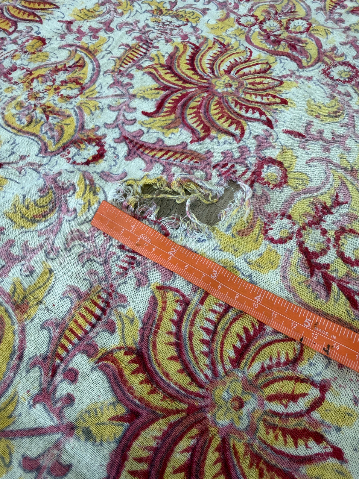 1970s Vintage Indian Cotton Hand Block Printed Uncut Fabric Yardage - Red / Pink / Yellow Lotus Flower - 64" x 100" (#2)
