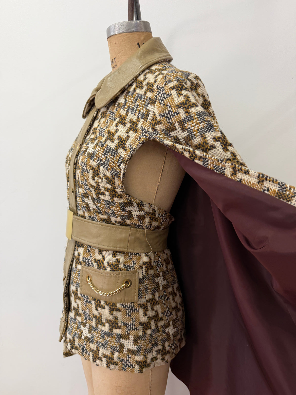 1960s Vintage Mod Wool Chain Belted Capelette Coat with Cape Over