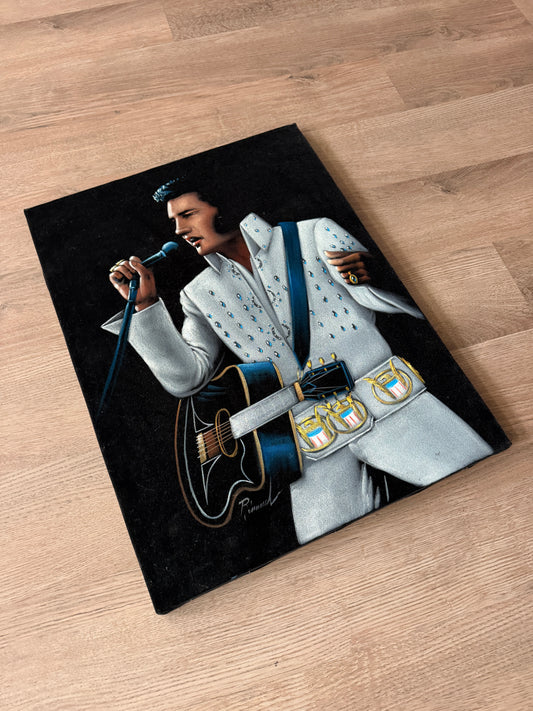 1970s Vintage Elvis in Hawaii The King Guitar Black Velvet Painting Handmade Signed Unframed Wall Art - 18" x 24"