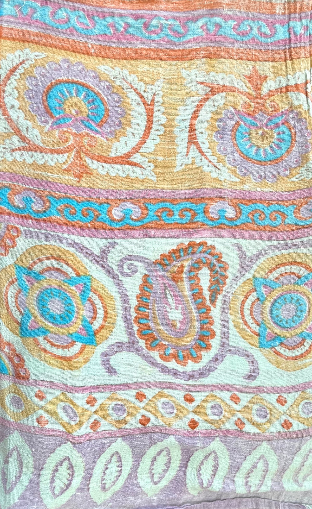 1970s Vintage Hand Block Printed Indian Cotton Fabric - Purple / Blue / Turquoise / Orange  - 62" x 92" (#7)