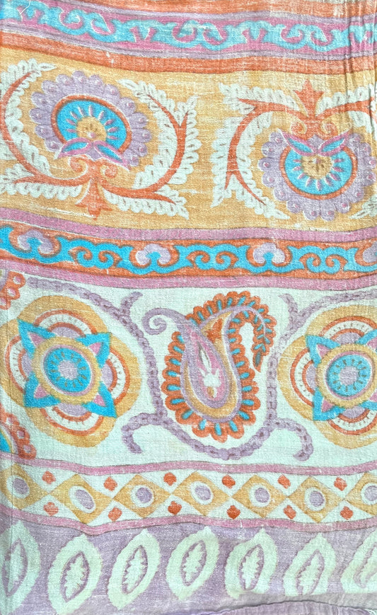 1970s Vintage Hand Block Printed Indian Cotton Fabric - Purple / Blue / Turquoise / Orange  - 62" x 92" (#7)