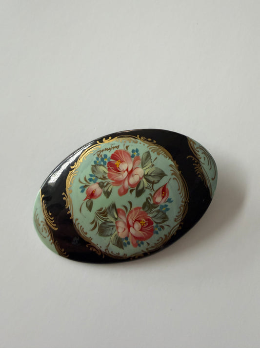 1990s Vintage Painted Wood Floral Oval Brooch
