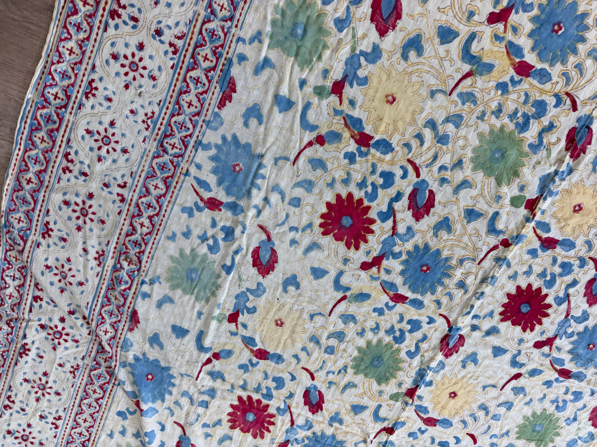 1970s Vintage Indian Cotton Hand Block Printed Uncut Fabric Yardage - Red / Cream / Blue / Green Large Blooms - 66" x 98" (#6)