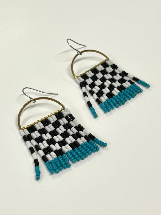 Handmade Beaded Checkerboard Teal Seed Bead Earrings