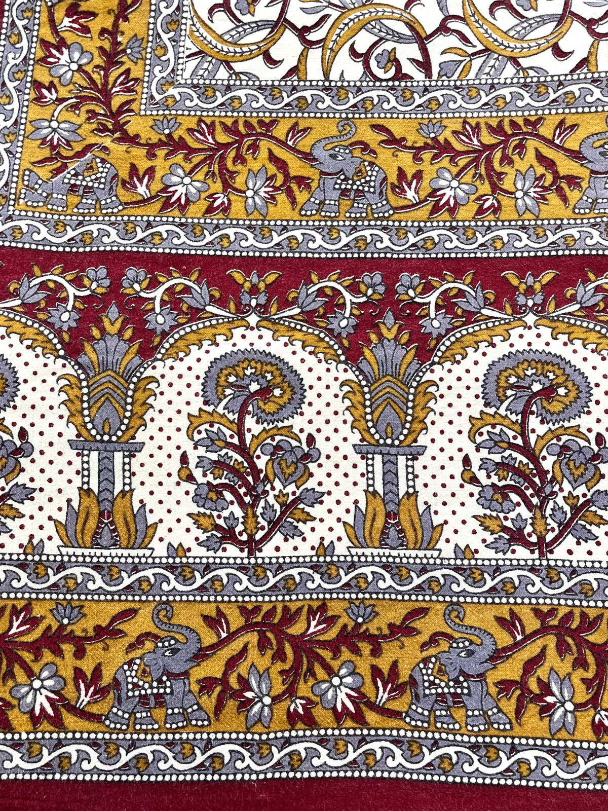 1970s Vintage Indian Cotton Hand Block Printed Uncut Fabric Yardage - Mustard / Gray / Elephants - 156" x 92" (#1)