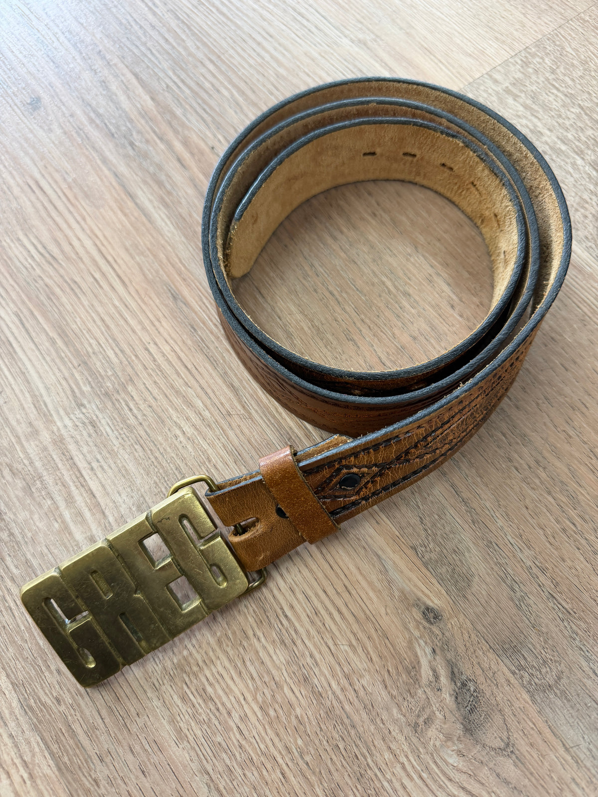 1970s Vintage Greg !! Brass Buckle on Leather Belt