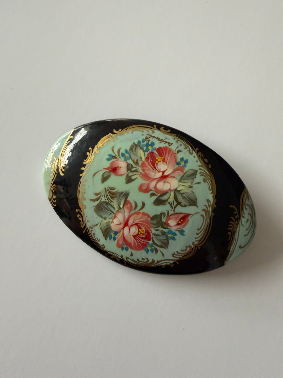 1990s Vintage Painted Wood Floral Oval Brooch