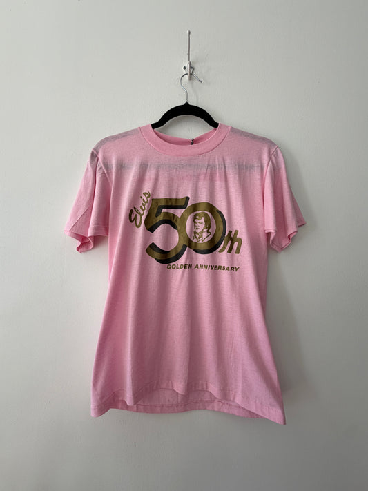 1984 Vintage Pink Elvis Presley Golden Anniversary Thin Tee