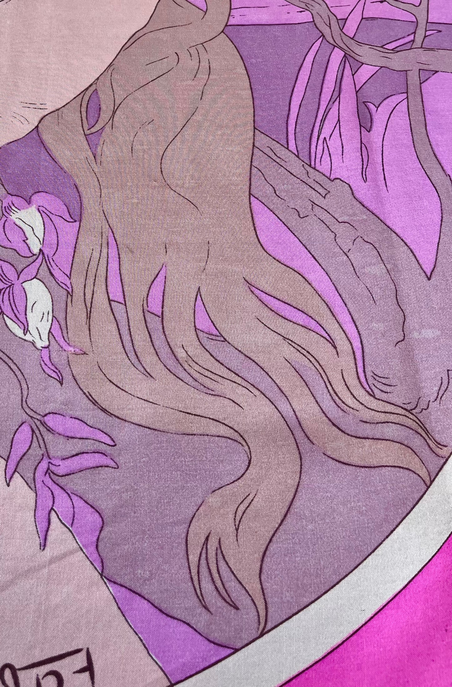 1960s - 1970s Vintage Alphonse Mucha Style Art Noveau Woman Large Silk Scarf by Falconetto