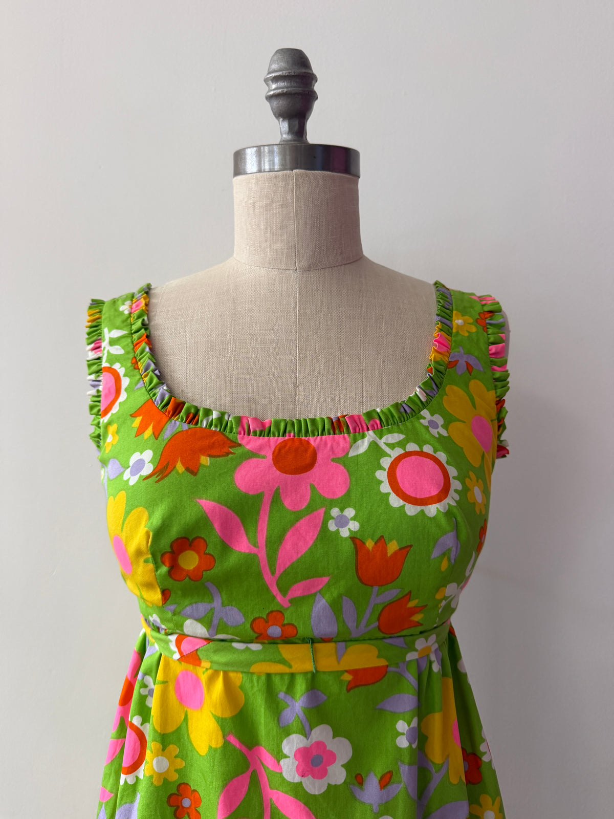 1960s Vintage Neon Flower Power Cotton Mini Dress by Lanz
