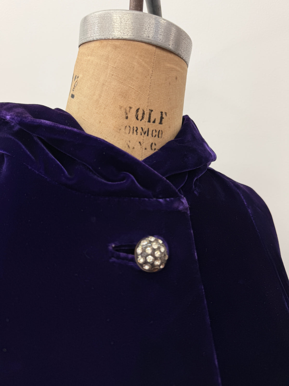 1950s - 1960s Vintage Deep Purple Velvet with Rhinestone Buttons Full Length Cape Cloak with Hood