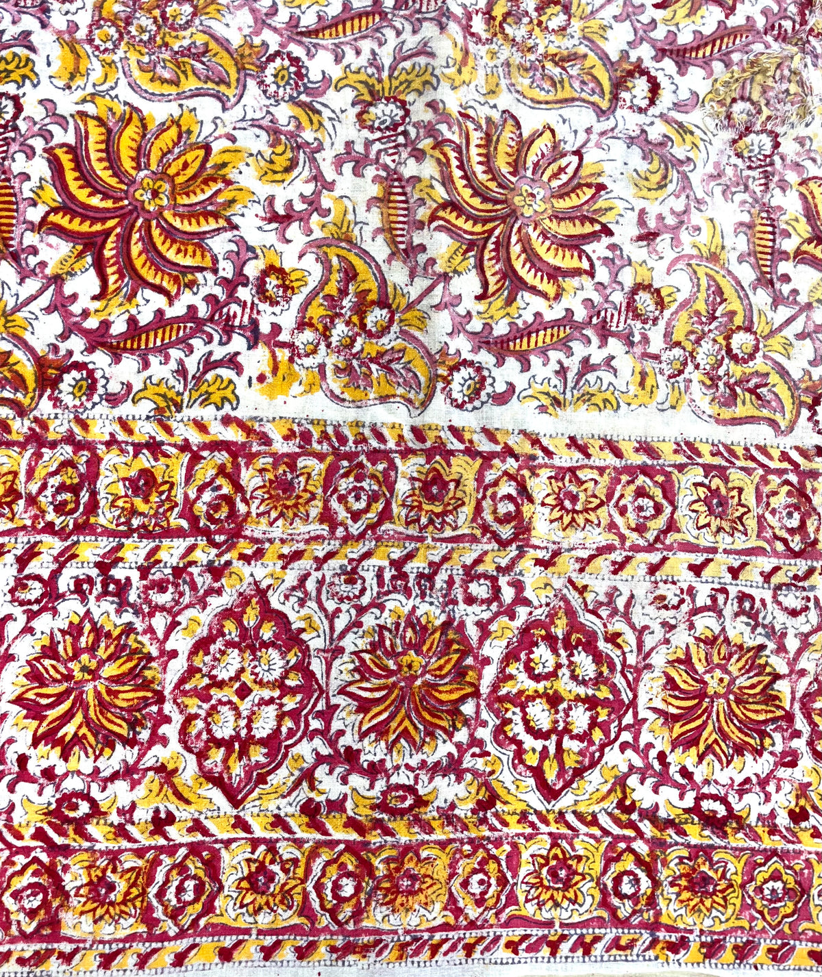 1970s Vintage Indian Cotton Hand Block Printed Uncut Fabric Yardage - Red / Pink / Yellow Lotus Flower - 64" x 100" (#2)