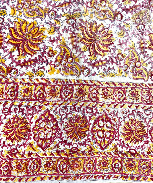 1970s Vintage Indian Cotton Hand Block Printed Uncut Fabric Yardage - Red / Pink / Yellow Lotus Flower - 64" x 100" (#2)