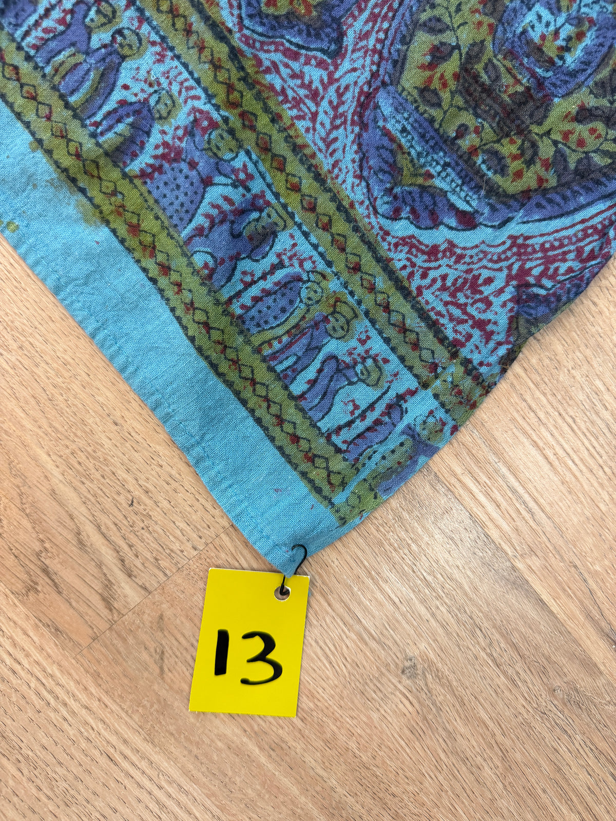 1970s Vintage Indian Cotton Hand Block Printed Uncut Fabric Yardage - Teal / Burgundy / Paisley / People / Horses Motifs -96" x 80" (#13)