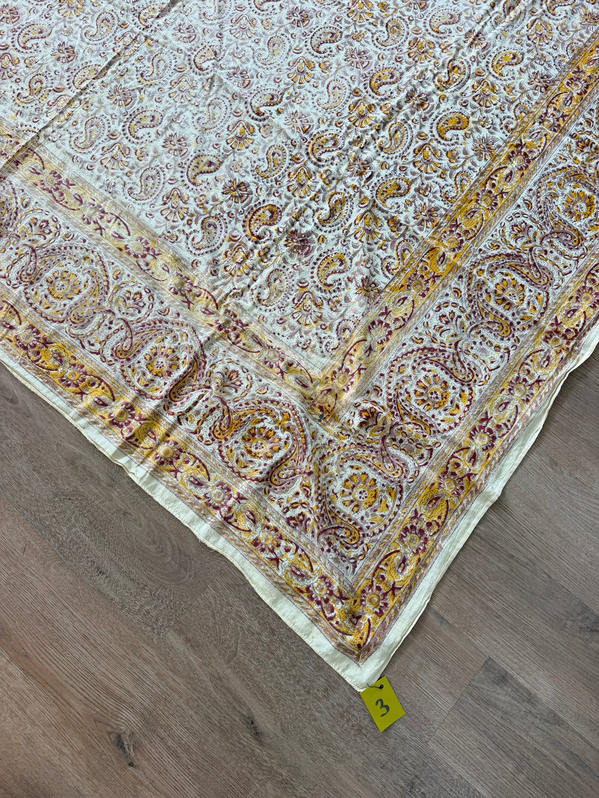 1970s Vintage Indian Cotton Hand Block Printed Uncut Fabric Yardage - Burgundy / Yellow / Paisley- 82" x 100" (#3)